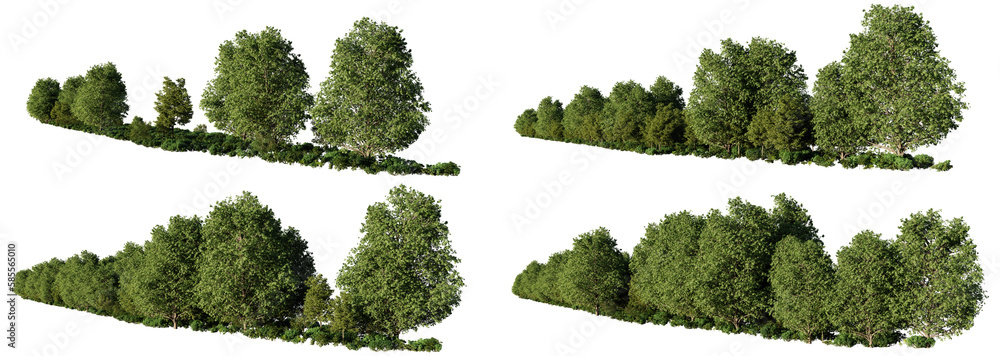 forest landscapes, set of lush forests-capes with green trees and shrubs, isolated on transparent background  - obrazy, fototapety, plakaty 