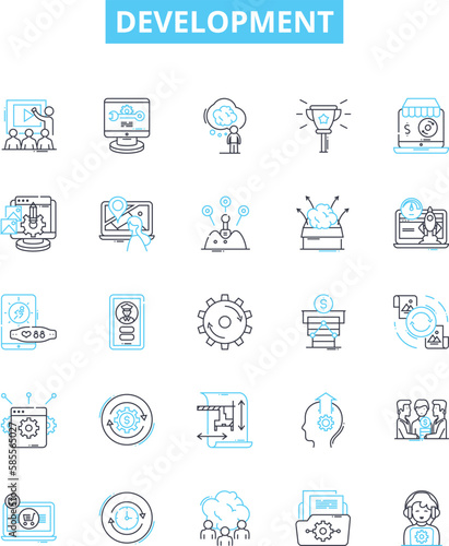 Development vector line icons set. Growth, Improvement, Expansion, Advancement, Proliferation, Progression, Enhancements illustration outline concept symbols and signs