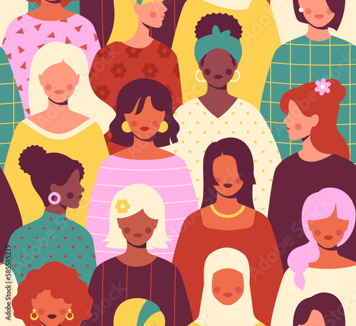 Seamless pattern with women. Repeating template with different multiracial beautiful girls standing together. Feminism, Sisterhood and Fight for Rights. March 8. Cartoon flat vector illustration