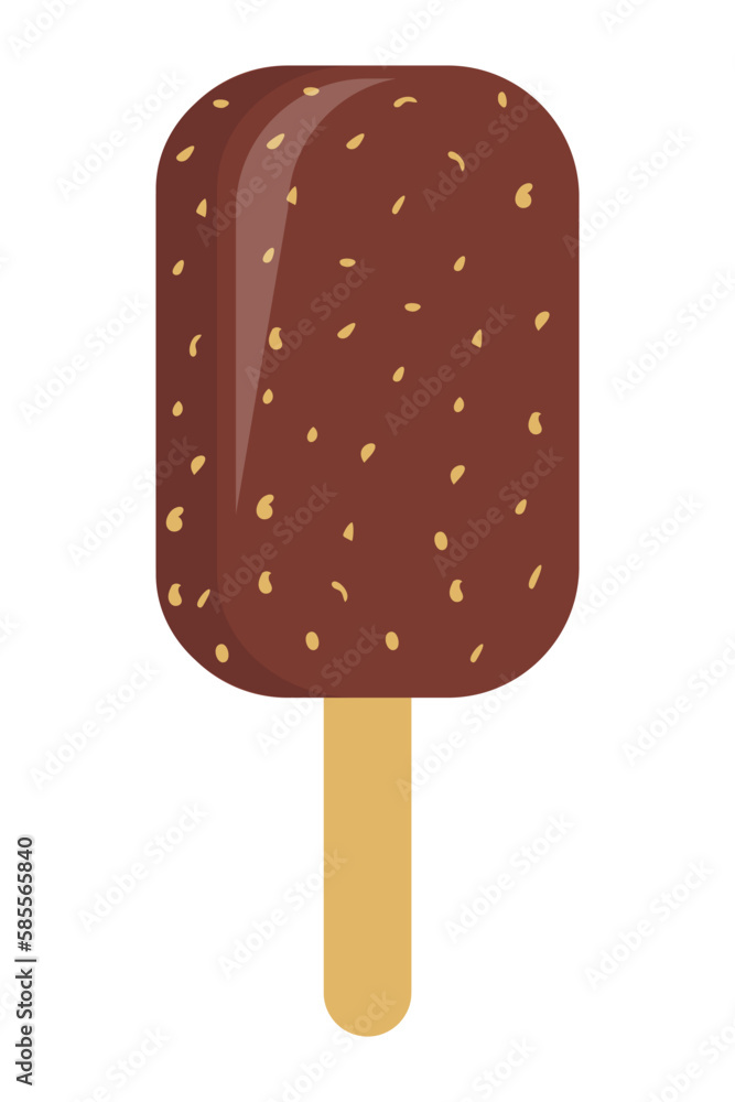 Chocolate ice cream on a stick with nuts. Vector editable design. Summer design for poster, flyer, menu.