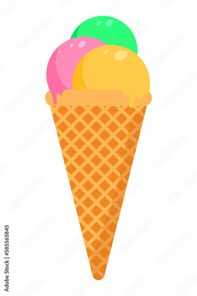 Ice cream three scoops in a cone. Strawberry, mint and vanilla ice cream in a cone. Design for posters, menus, cafes. Ice cream three scoops in a cone. Strawberry, mint and vanilla ice cream in a cone. Design for posters, menus, cafes.