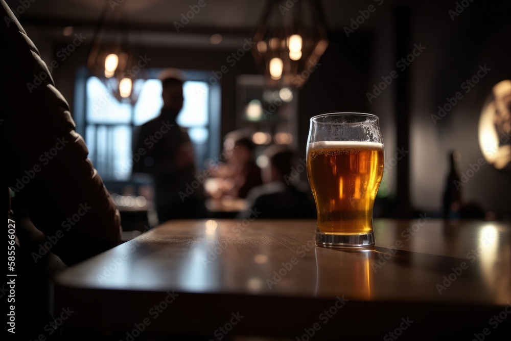 Preparation for watching the sport game.Cooled glass of beer with condensate on the wooden table. Blurred bar at the background Generative AI