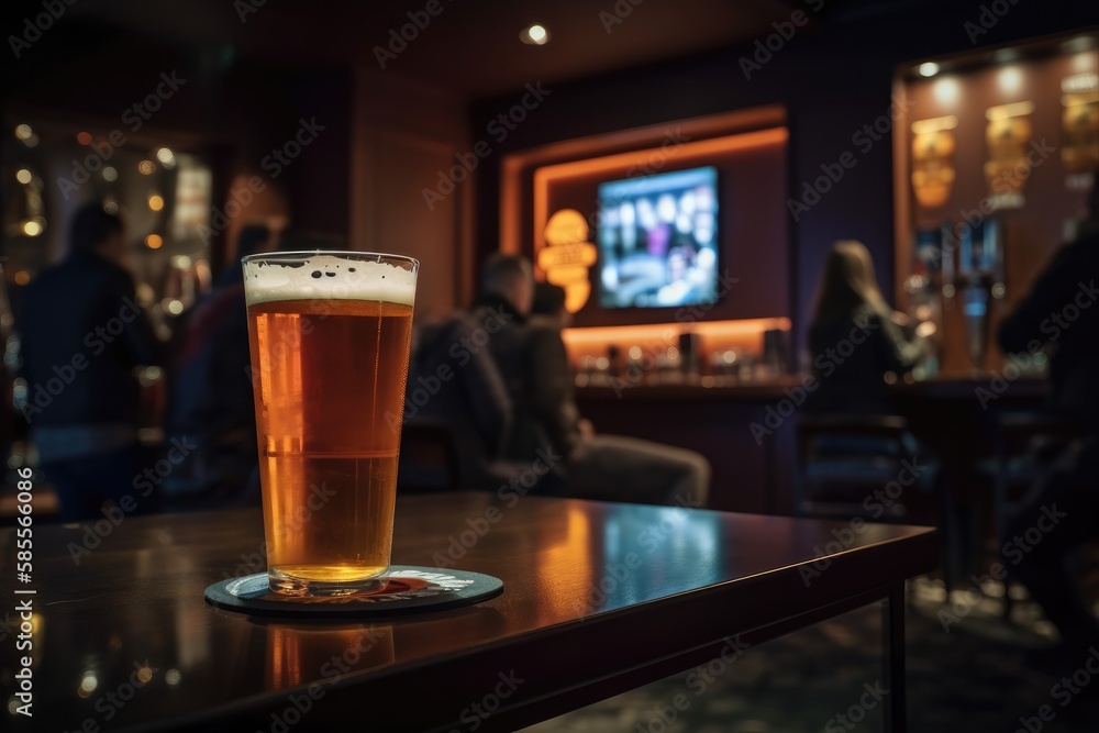 Preparation for watching the sport game.Cooled glass of beer with condensate on the wooden table. Blurred bar at the background Generative AI Preparation for watching the sport game.Cooled glass of beer with condensate on the wooden table. Blurred bar at the background Generative AI