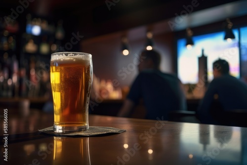 Preparation for watching the sport game.Cooled glass of beer with condensate on the wooden table. Blurred bar at the background Generative AI