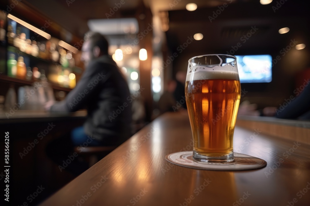Preparation for watching the sport game.Cooled glass of beer with condensate on the wooden table. Blurred bar at the background Generative AI Preparation for watching the sport game.Cooled glass of beer with condensate on the wooden table. Blurred bar at the background Generative AI