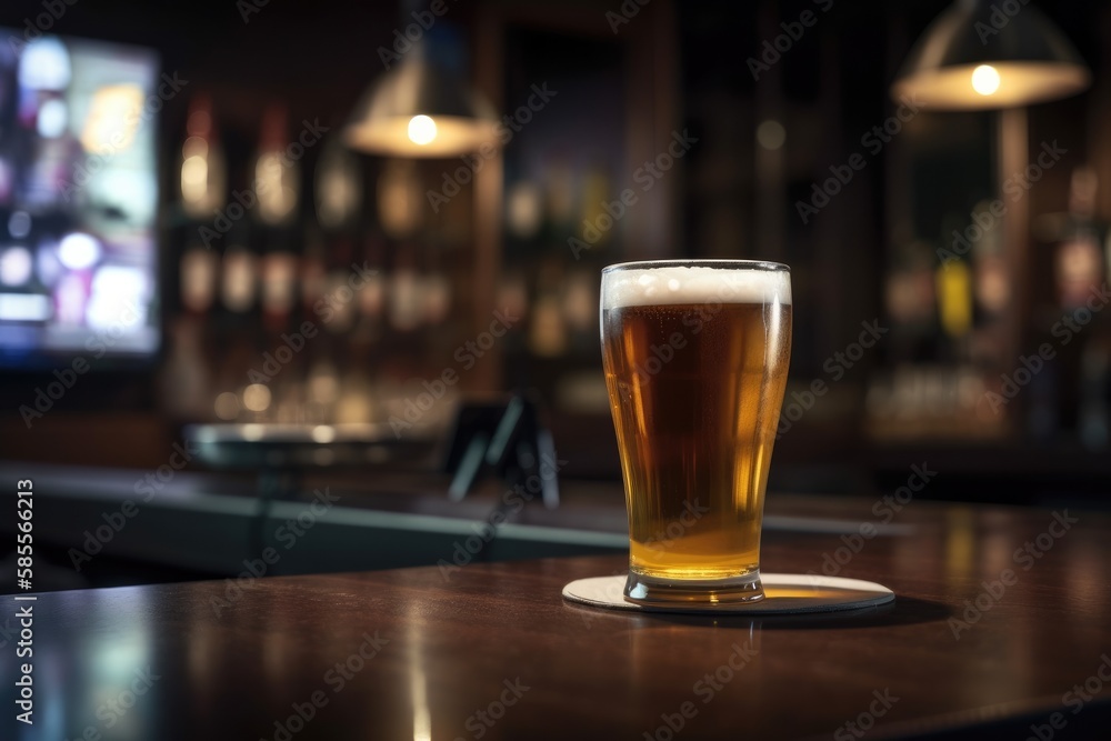 Preparation for watching the sport game.Cooled glass of beer with condensate on the wooden table. Blurred bar at the background Generative AI Preparation for watching the sport game.Cooled glass of beer with condensate on the wooden table. Blurred bar at the background Generative AI