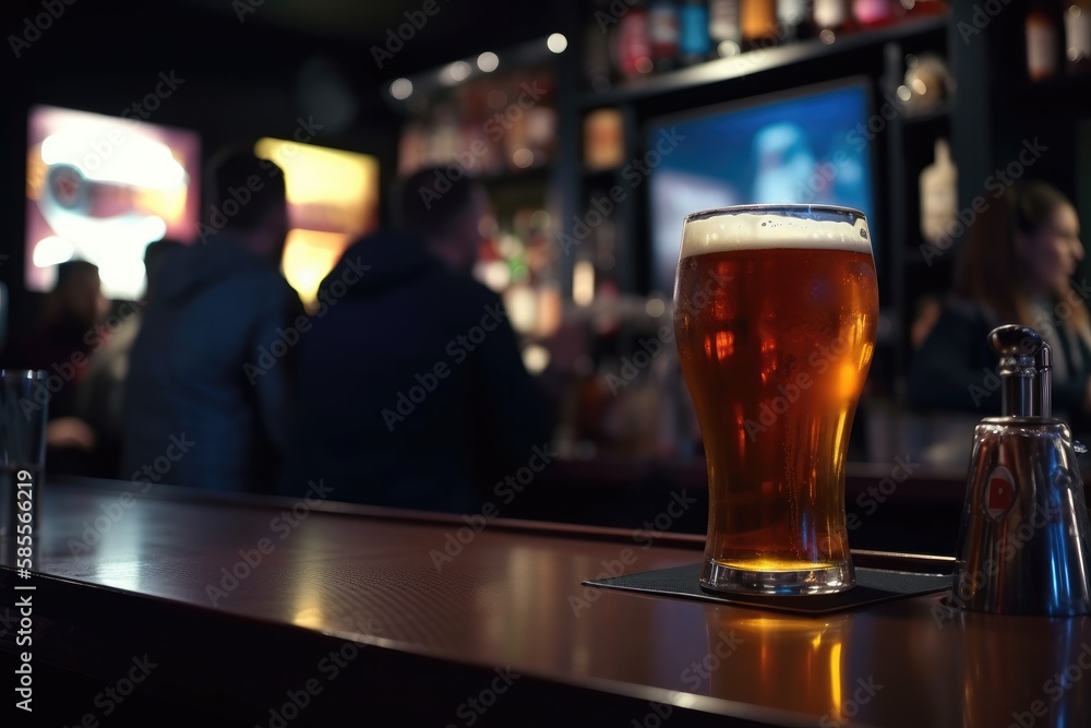 Preparation for watching the sport game.Cooled glass of beer with condensate on the wooden table. Blurred bar at the background Generative AI Preparation for watching the sport game.Cooled glass of beer with condensate on the wooden table. Blurred bar at the background Generative AI