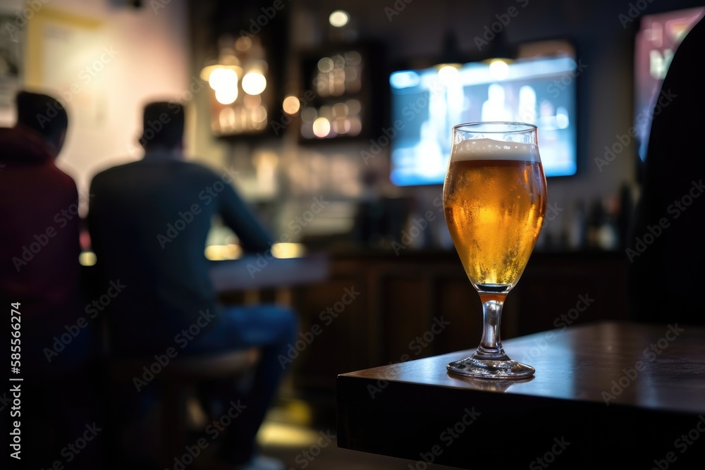 Preparation for watching the sport game.Cooled glass of beer with condensate on the wooden table. Blurred bar at the background Generative AI Preparation for watching the sport game.Cooled glass of beer with condensate on the wooden table. Blurred bar at the background Generative AI