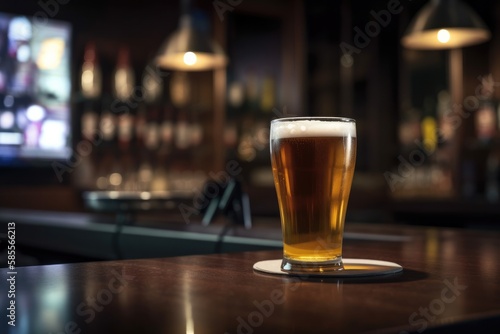 Preparation for watching the sport game.Cooled glass of beer with condensate on the wooden table. Blurred bar at the background Generative AI