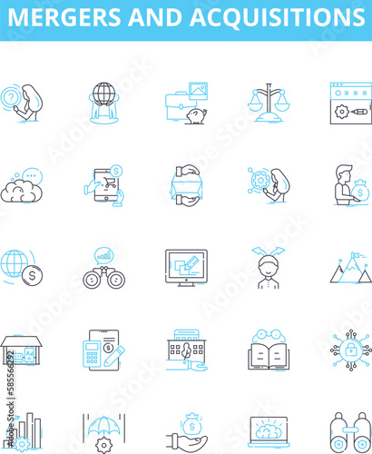 Mergers and acquisitions vector line icons set. Mergers, Acquisitions, Consolidation, Buyouts, Merging, Hostile, Takeovers illustration outline concept symbols and signs