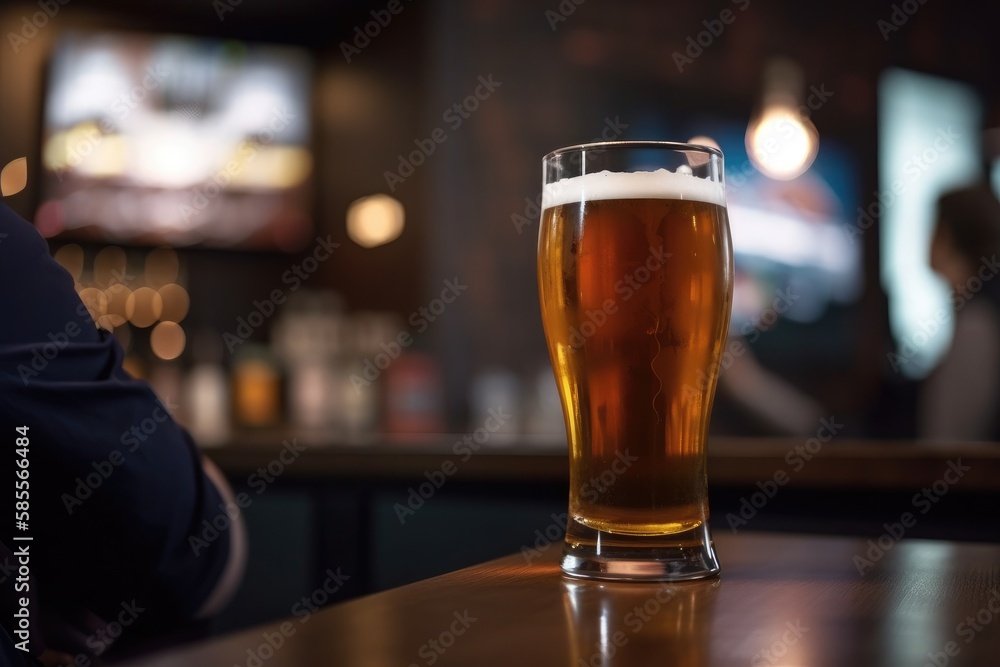 Preparation for watching the sport game.Cooled glass of beer with condensate on the wooden table. Blurred bar at the background Generative AI Preparation for watching the sport game.Cooled glass of beer with condensate on the wooden table. Blurred bar at the background Generative AI