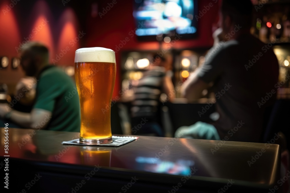 Preparation for watching the sport game.Cooled glass of beer with condensate on the wooden table. Blurred bar at the background Generative AI Preparation for watching the sport game.Cooled glass of beer with condensate on the wooden table. Blurred bar at the background Generative AI
