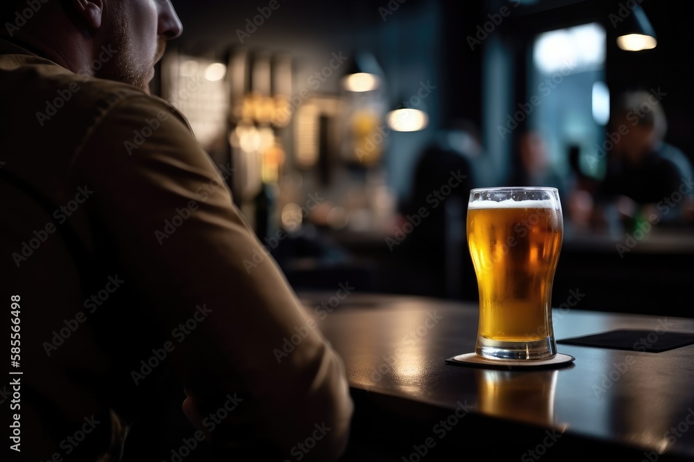 Preparation for watching the sport game.Cooled glass of beer with condensate on the wooden table. Blurred bar at the background Generative AI Preparation for watching the sport game.Cooled glass of beer with condensate on the wooden table. Blurred bar at the background Generative AI