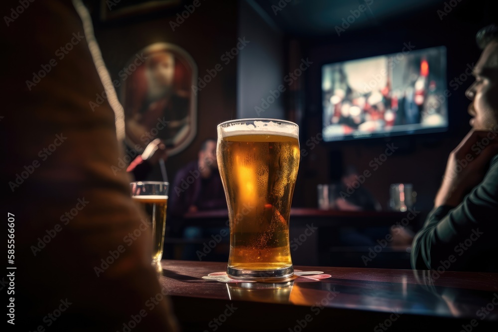 Preparation for watching the sport game.Cooled glass of beer with condensate on the wooden table. Blurred bar at the background Generative AI

