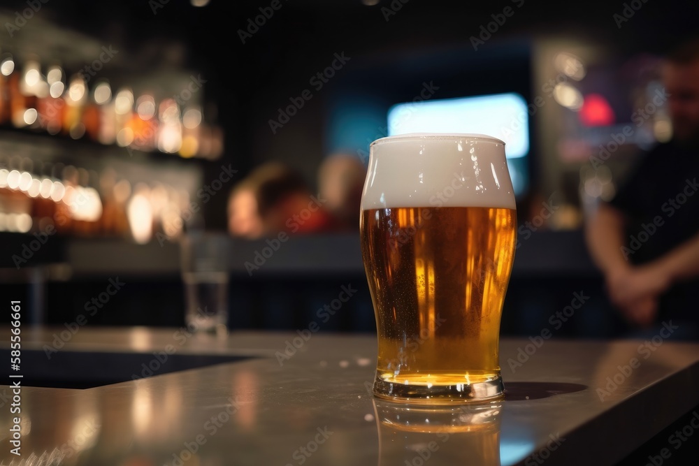 Preparation for watching the sport game.Cooled glass of beer with condensate on the wooden table. Blurred bar at the background Generative AI

