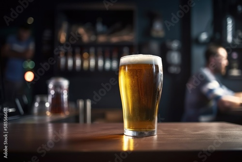 Preparation for watching the sport game.Cooled glass of beer with condensate on the wooden table. Blurred bar at the background Generative AI