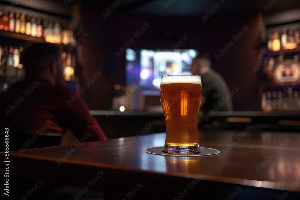 Preparation for watching the sport game.Cooled glass of beer with condensate on the wooden table. Blurred bar at the background Generative AI

