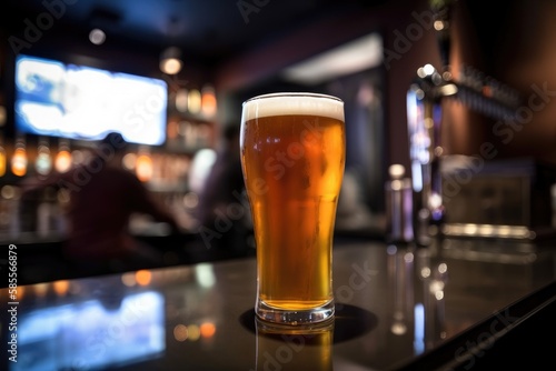 Preparation for watching the sport game.Cooled glass of beer with condensate on the wooden table. Blurred bar at the background Generative AI

 photo