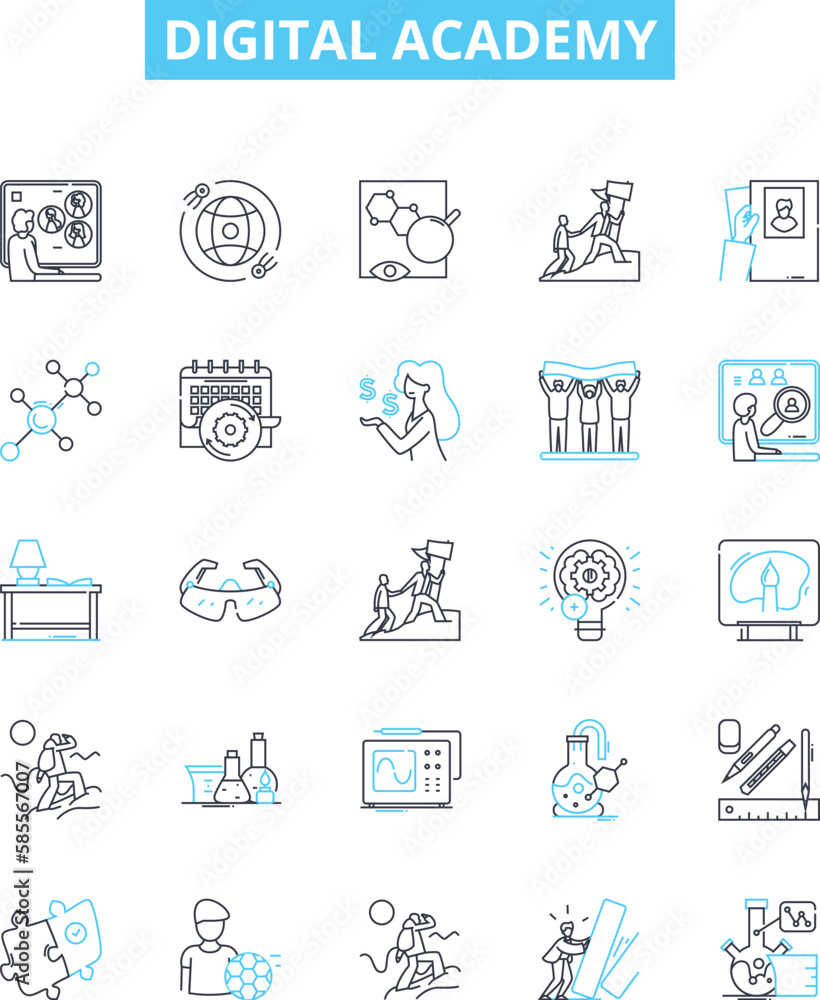 Digital academy vector line icons set. Digital, Academy, Online, Course, Learning, Education, School illustration outline concept symbols and signs Digital academy vector line icons set. Digital, Academy, Online, Course, Learning, Education, School illustration outline concept symbols and signs