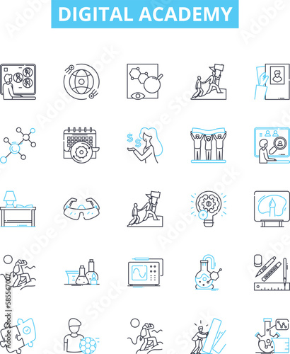 Digital academy vector line icons set. Digital, Academy, Online, Course, Learning, Education, School illustration outline concept symbols and signs
