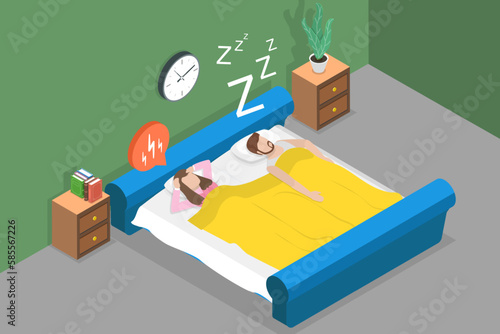 3D Isometric Flat Vector Conceptual Illustration of Snoring, Husband Snores Loudly Next to Angry Frustrated Wife