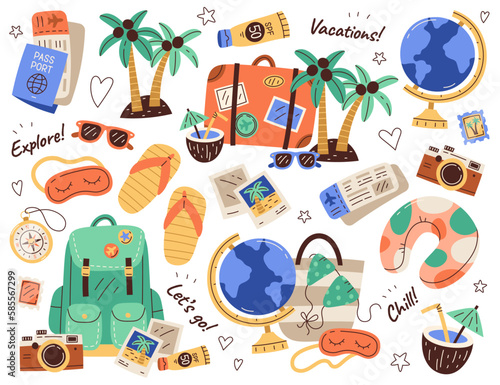 Composition of travel elements flat illustrations set. Summer beach objects. Cocktail, suitcase, swimwear