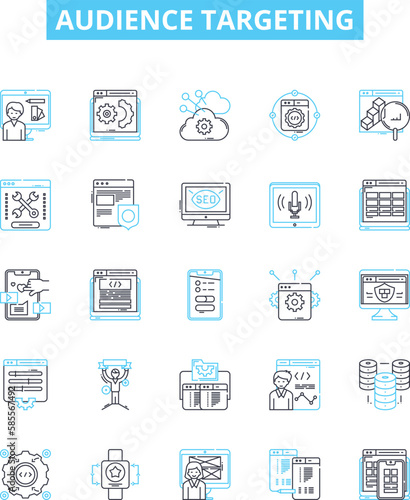 Audience targeting vector line icons set. Audience, targeting, segmentation, profiling, demographics, location, psychographics illustration outline concept symbols and signs