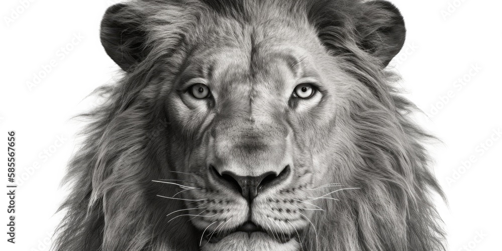 black and white portrait of a lion facing the camera on white background, Generative AI black and white portrait of a lion facing the camera on white background, Generative AI