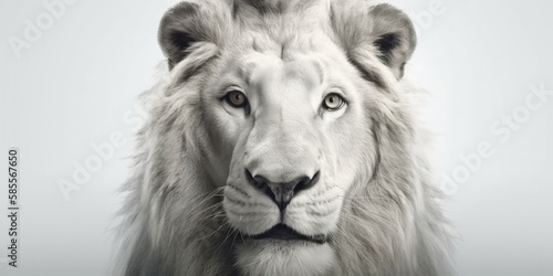black and white portrait of a lion facing the camera on white background, Generative AI