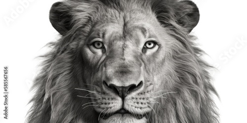 black and white portrait of a lion facing the camera on white background, Generative AI © RenePierre