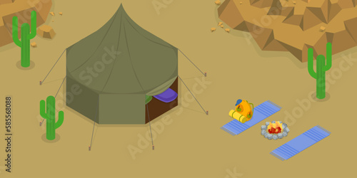 3D Isometric Flat Vector Conceptual Illustration of Bedouin Camp, Safari Tent in the Desert Savannah