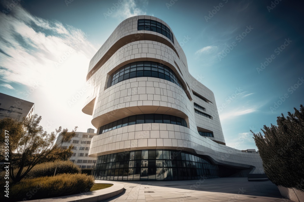 Modern architecture, big curved glass windowed office building. High quality generative ai