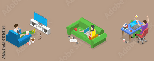3D Isometric Flat Vector Conceptual Illustration of Sedentary Lifestyle, Bad Habits