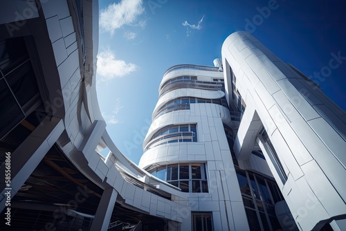 Modern architecture, big curved glass windowed office building. High quality generative ai