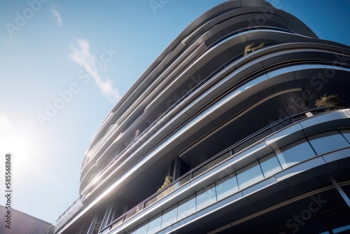 Modern architecture  big curved glass windowed office building. High quality generative ai