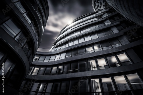 Futuristic modern architecture, big curved glass windowed office building with dark clouds background. High quality generative ai