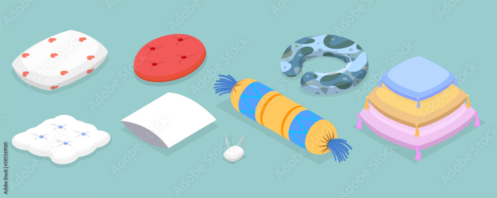 3D Isometric Flat Vector Set of Pillows, Cushions of Various Shapes 3D Isometric Flat Vector Set of Pillows, Cushions of Various Shapes