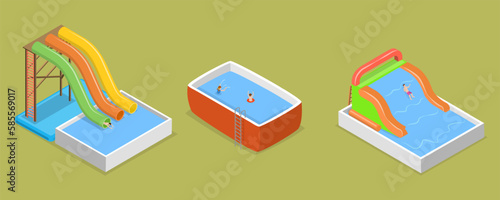 3D Isometric Flat Vector Set of Aquapark Scenes, Summer Fun at Pool