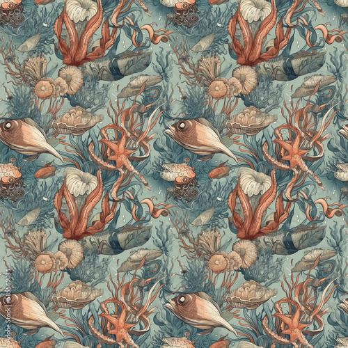 Seamless pattern of underwater life with plants and fish. Generative AI. © Maria