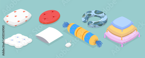 3D Isometric Flat Vector Set of Pillows, Cushions of Various Shapes