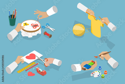 3D Isometric Flat Vector Set of Craft Handmade Hobbies, Creative Workshop