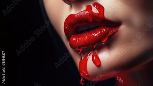 Beautiful lips with red lipstick makeup driping, sensual fashion concept art, generative ai