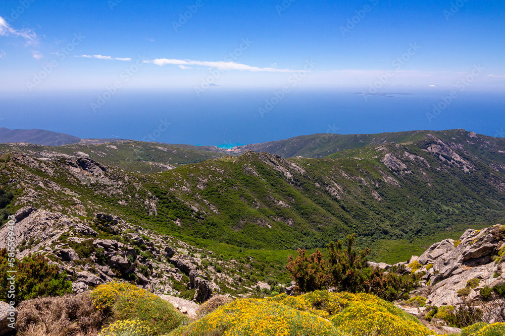 High angle view from summit station of Monte Capanne cable car to bay of Seccheto, Elba, Italy