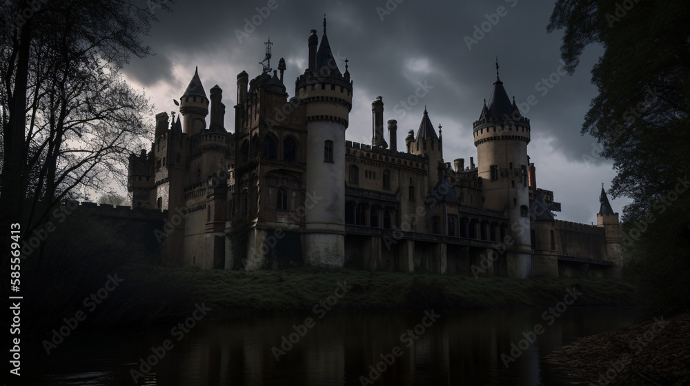 Fototapeta premium Castle on cliff stormy weather thunder generative ai