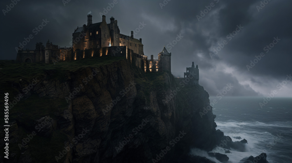 Castle on cliff stormy weather thunder generative ai