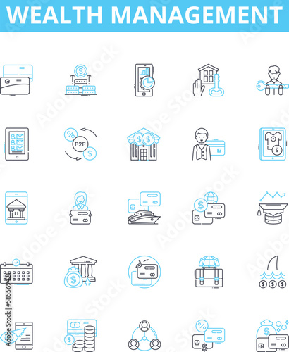 Wealth management vector line icons set. Wealth, Management, Investment, Portfolio, Finance, Security, Planning illustration outline concept symbols and signs