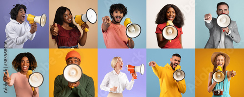Diverse multiethnic people making announcement with megaphones on colorful studio backgrounds