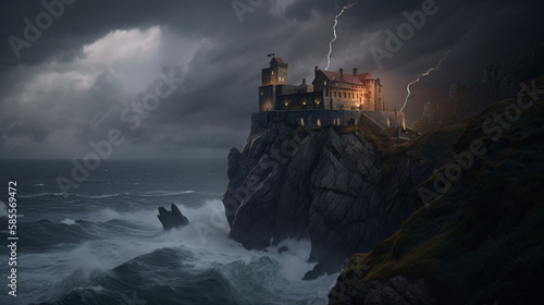 Castle on cliff stormy weather thunder generative ai
