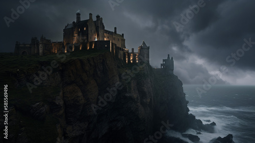 Castle on cliff stormy weather thunder generative ai