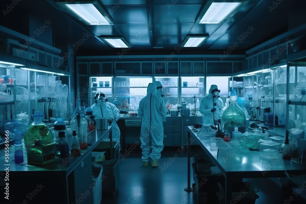 In a Secure High Level Laboratory Scientists in a Coverall Conducting a Research Generative AI In a Secure High Level Laboratory Scientists in a Coverall Conducting a Research Generative AI